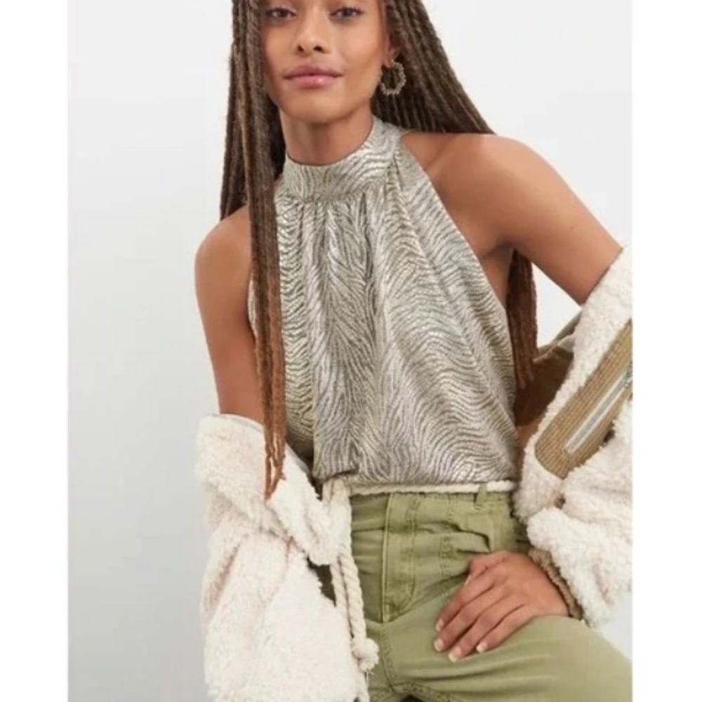 Anthropologie Top Womens Nadia Pale Gold Zebra Shimmer Halter Blouse Sz Large
